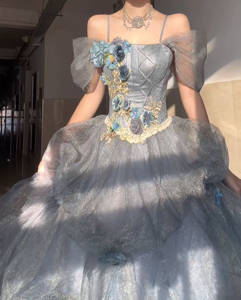 Stunning Blue Ball Gown Off the Shoulder Beaded Floral Tulle Prom Dress Party Dress DP4594