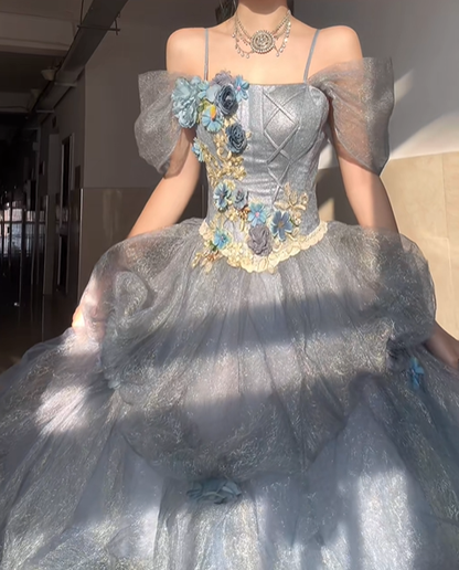 Stunning Blue Ball Gown Off the Shoulder Beaded Floral Tulle Prom Dress Party Dress DP4594