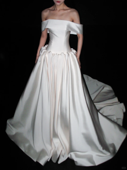 Elegant White Ball Gown Off the Shoulder Satin Long Train Wedding Dress DP8095