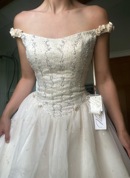 Retro A Line Off the Shoulder Beaded Light Apricot Satin Tulle Wedding Dress DP5521