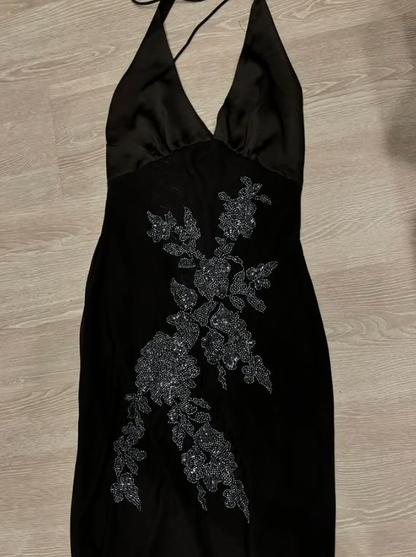 Sexy Black Sheath Halter Beaded Tulle Open Back Long Prom Dress Evening Dress DP4768