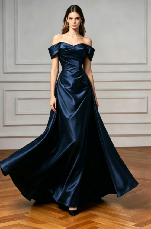 Elegant Mermaid Off the Shoulder Navy Blue Satin Long Prom Dresses Evening Gowns DP4209