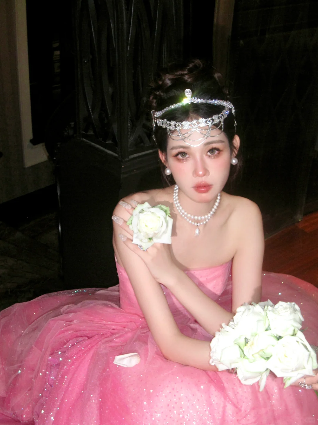 Pink Ball Gown Strapless Floral Sequin Pink Tulle Long Party Dress Evening Dress DP2417