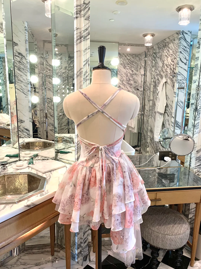 Princess A Line Straps Print Pink Floral Chiffon Short Prom Dress Homecoming Dress DP5465