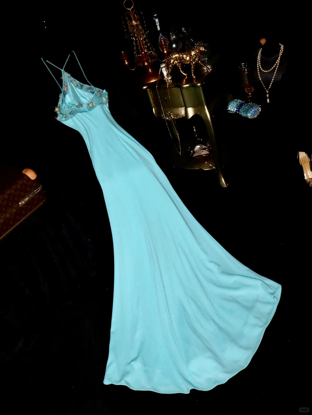Vintage Mermaid Halter Beaded Blue Satin Long Prom Dress DP4421
