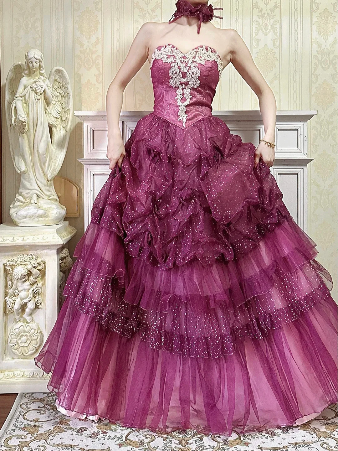 Vintage Purple Sequin Layered Tulle Lace Appliques Prom Dress Party Evening Dress DP5350