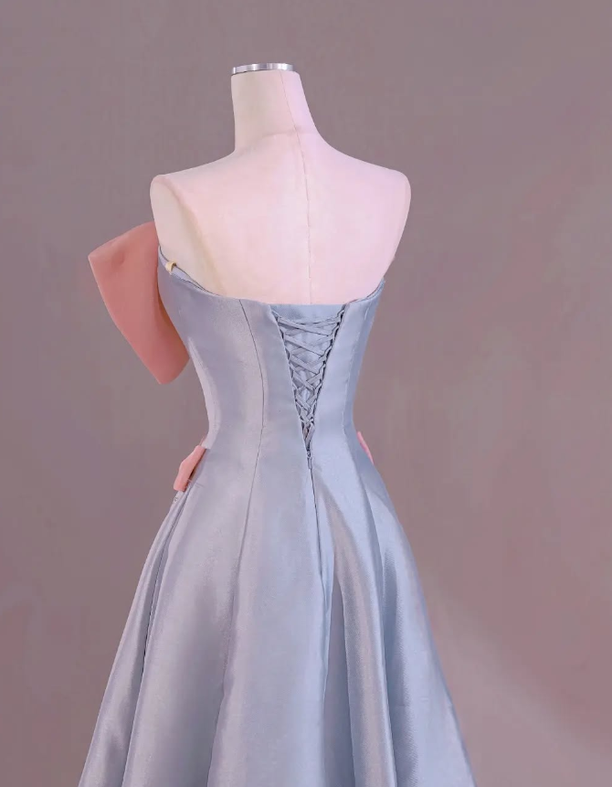 Cute A Line Strapless Pink Bow Blue Satin Long Prom Dress Evening Dress DP2001