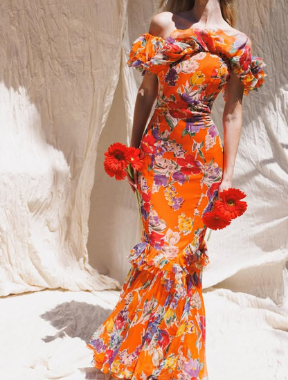 Mermaid Off the Shoulder Print Floral Orange Chiffon Long Prom Dress Party Dress DP3778