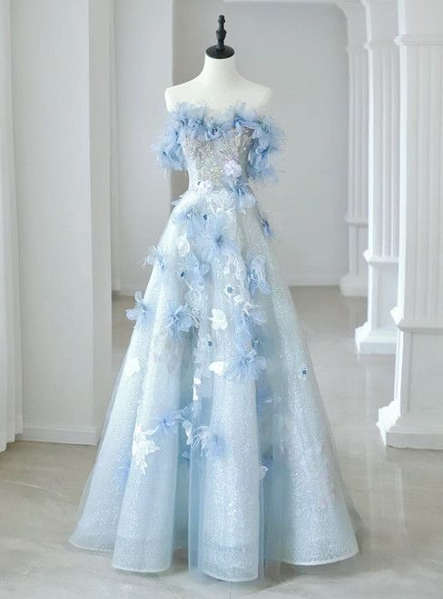 Blue Tulle Off the Shoulder Flower Prom Dress Strapless Formal Ball Gown Evening Dress DP678