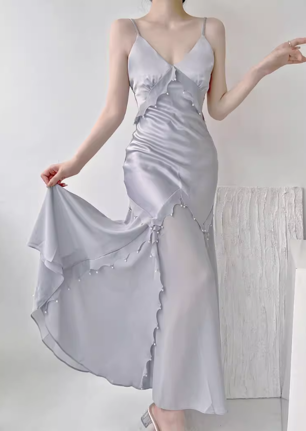 Gentle Mermaid Spaghetti Strap Pearl Chiffon Satin Prom Dress Evening Dress Party Dress DP3583