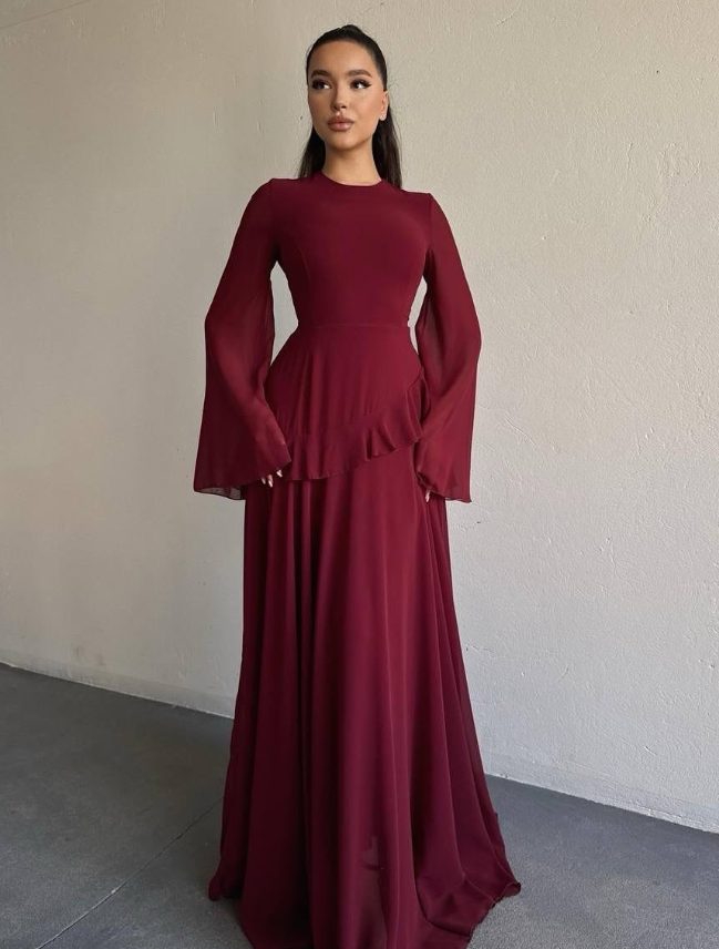 Baby Blue A Line Long Sleeve Flowy Chiffon Prom Dress Evening Dress DP5262