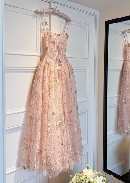 Dreamy Pink A Line Spaghetti Straps Embroidered Beaded Tulle Prom Dress Evening Dress DP6135