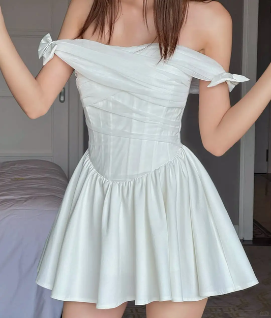 White A Line Off the Shoulder Corset Satin Tulle Mini Homecoming Dress with Bow DP2820