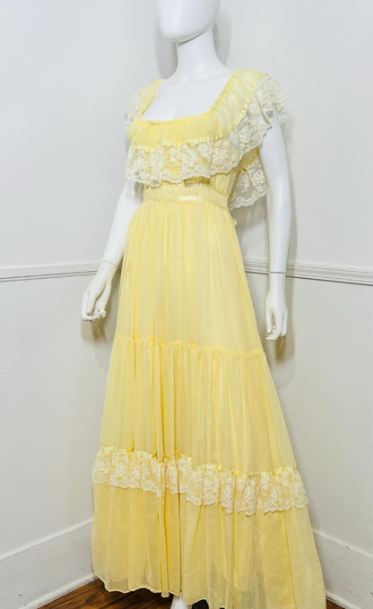 1970s Pale Light Yellow Tulle Lace Vintage Prom Dress Outfits DP3397