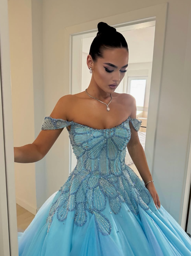 Gorgeous Ball Gown Off the Shoulder Beaded Blue Tulle Long Prom Dress Evening Dress DP1822
