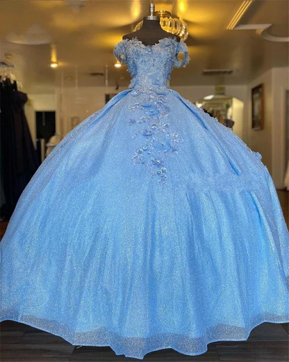 Blue Princess Off Shoulder Long Formal Prom Dress Flowers Appliques Quinceanera Dress Ball Gown DP699