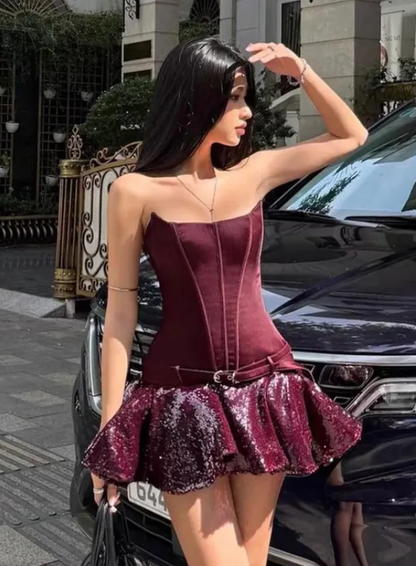 Sexy A Line Strapless Sequin Satin Short Homecoming Outfits DP4254