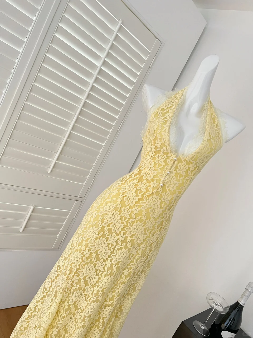 Yellow A Line Halter Lace Long Open Back Prom Dress Evening Dress DP2570