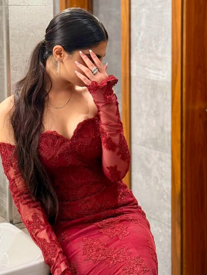 Burgundy Mermaid Sweetheart Neck Long Sleeve Lace Prom Dress Evening Dress DP1673