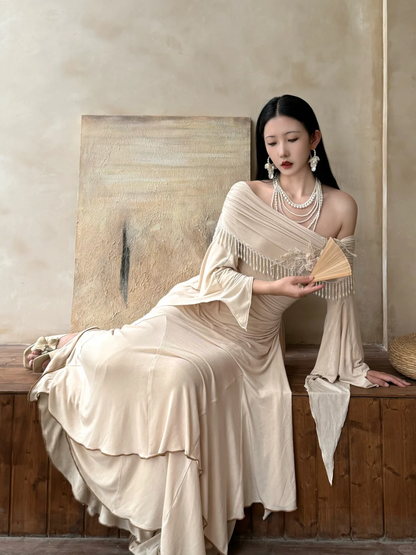 Vintage A Line Long Sleeve Beaded Apricot Satin Long Prom Dress Evening Dress DP6465