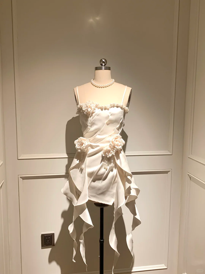 Charming A Line Straps Flower Pearl Ruffle White Satin Short Homecoming Dress Cocktail Dress DP2719