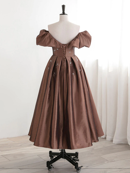 Vintage Tea Length Brown Prom dress Off Shoulder Beaded Homecoming Dress DP081