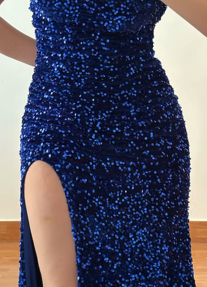 Vintage Royal Blue A Line One Shoulder Shiny Sequin Slit Prom Dress Evening Dress DP6412