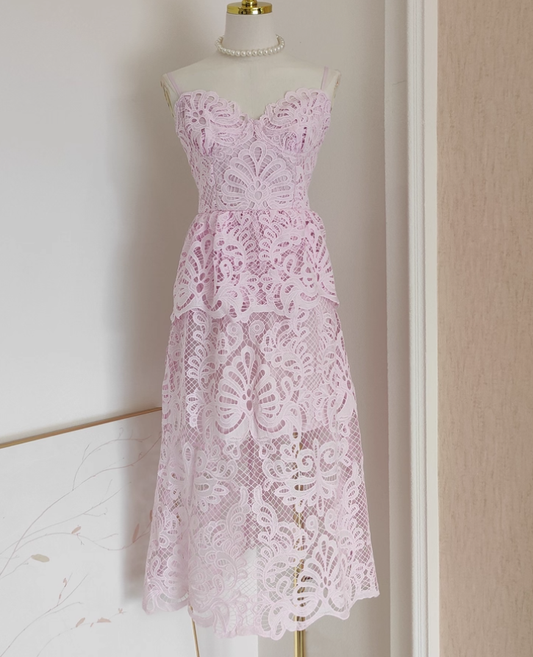 Pink A Line Spaghetti Strap Layered Lace Homecoming Dress Birthday Dress Outfits DP3478