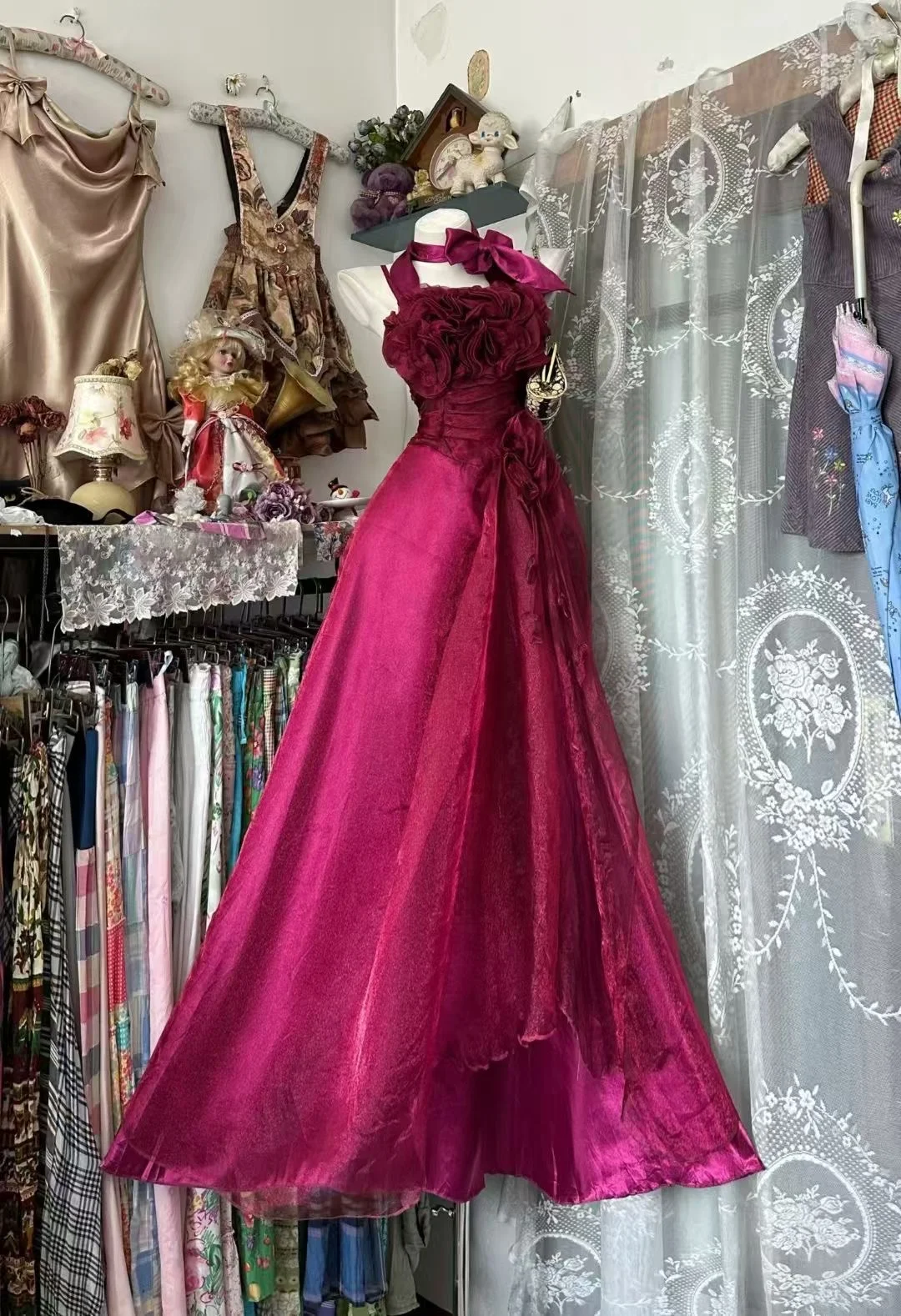 Vintage Dark Pink A Line Halter Floral Chiffon Satin Prom Dress Evening Dress DP5239