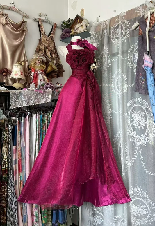 Vintage Dark Pink A Line Halter Floral Chiffon Satin Prom Dress Evening Dress DP5239