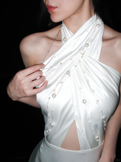 Simple High-class A Line Halter Pearl White Satin Backless Long Wedding Dress DP6376