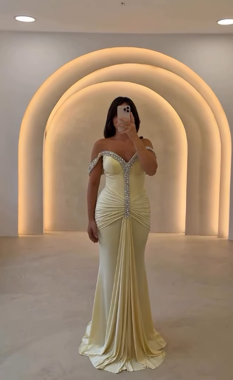 Yellow Mermaid Off the Shoulder Beaded Pleated Satin Prom Dress Evening Dress DP4335