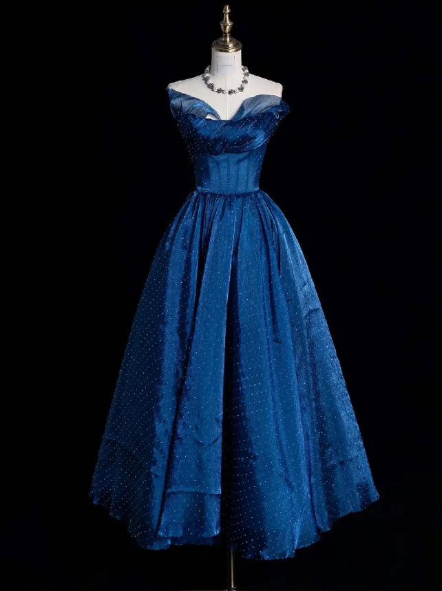 Elegant Blue A Line Strapless Beaded Tulle Prom Dress Evening Dress DP4681