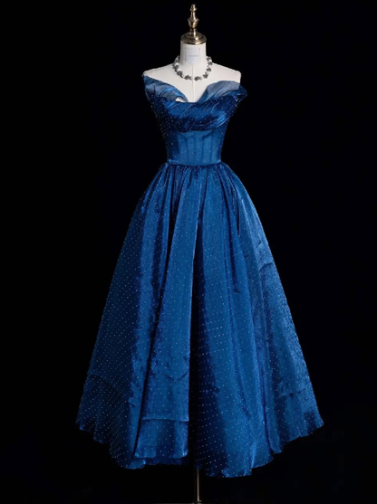 Elegant Blue A Line Strapless Beaded Tulle Prom Dress Evening Dress DP4681