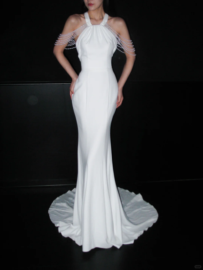 Chic Mermaid Halter White Pearl Satin Backless Wedding Dress DP8112