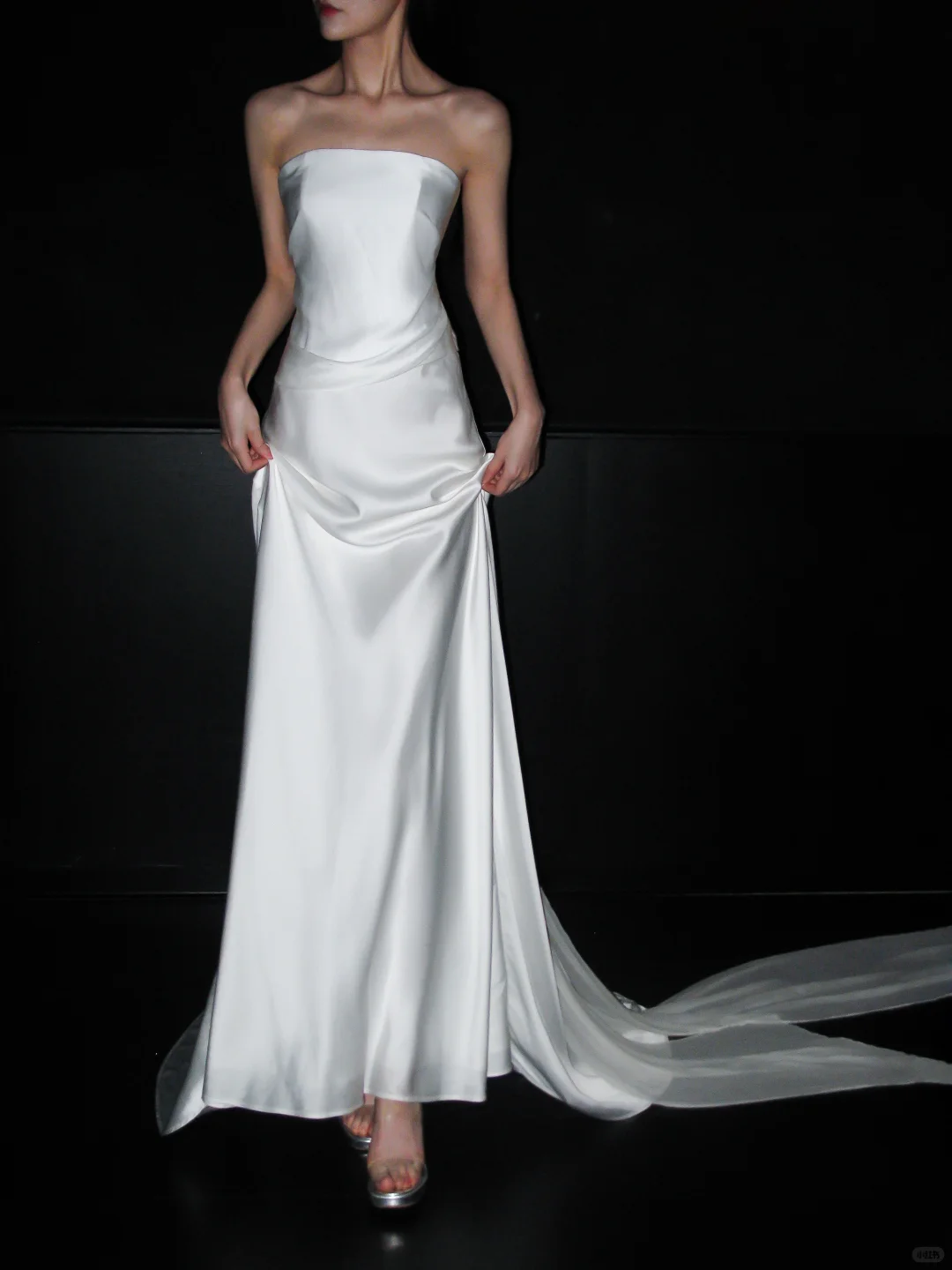 Elegant A Line Strapless White Satin Chiffon Long Wedding Dress DP5799
