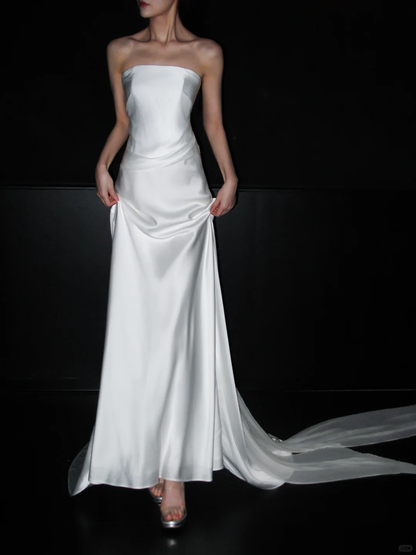 Elegant A Line Strapless White Satin Chiffon Long Wedding Dress DP5799