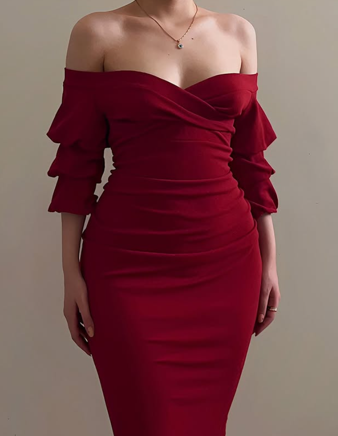Elegant Burgundy Sheath Puff Sleeve Satin Long Prom Dress Evening Dress DP6482
