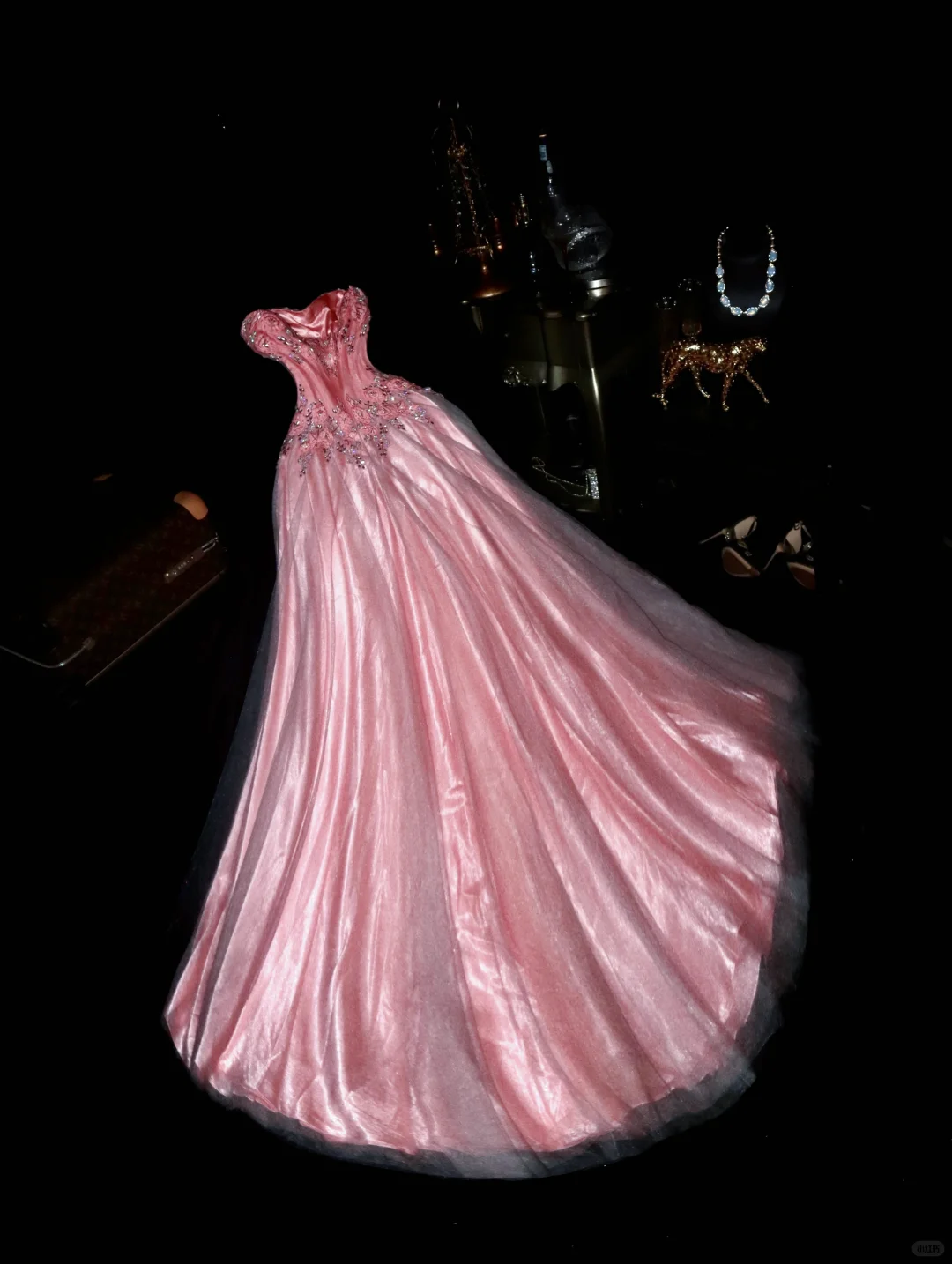 Vintage A Line Sweetheart Neck Beaded Pink Satin Tulle Long Prom Dress DP4423