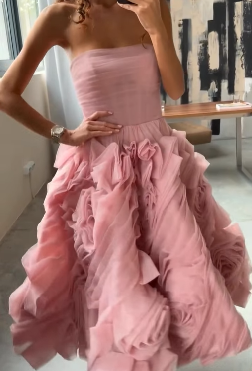 Classic Pink A Line Strapless Pleated Floral Tulle 16th Birthday Dress Prom Dress Formal Dress DP3337