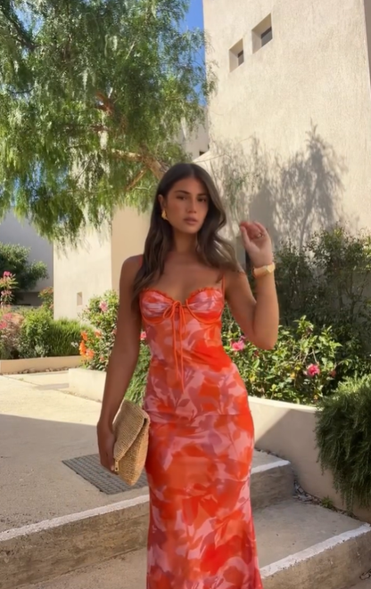Vitality Orange Print Floral Chiffon Long Prom Dress Date Dress Cocktail Dress DP2995