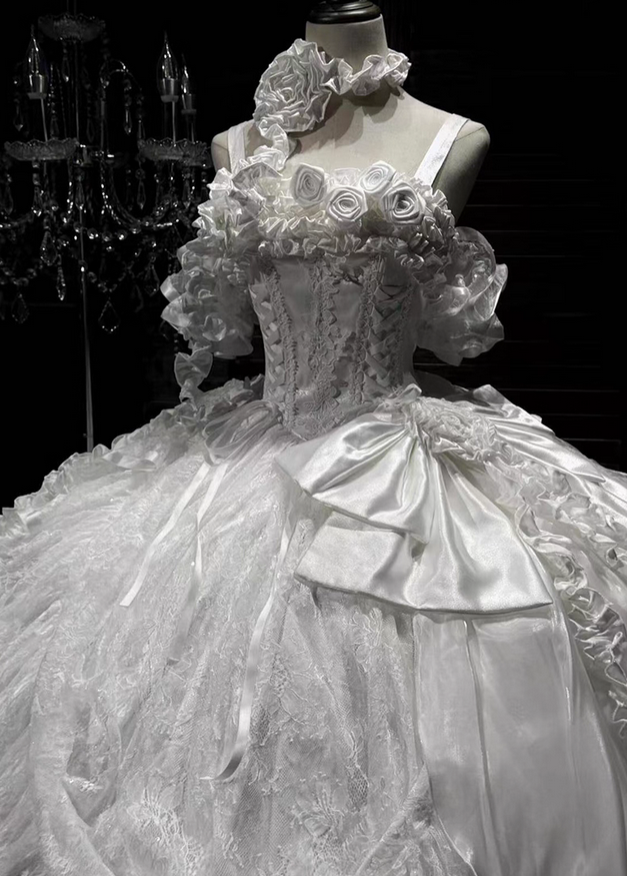 White Rose Ball Gown Off the Shoulder Lace Tulle Lolita Goth Boning Dress Prom Dress DP4508