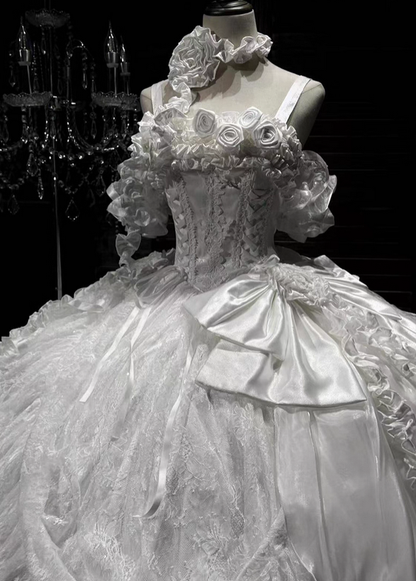 White Rose Ball Gown Off the Shoulder Lace Tulle Lolita Goth Boning Dress Prom Dress DP4508