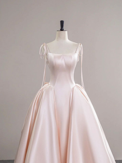 Light Pink Satin Spaghetti Strap Long Prom Dress Beautiful A-Line Evening Dress DP654