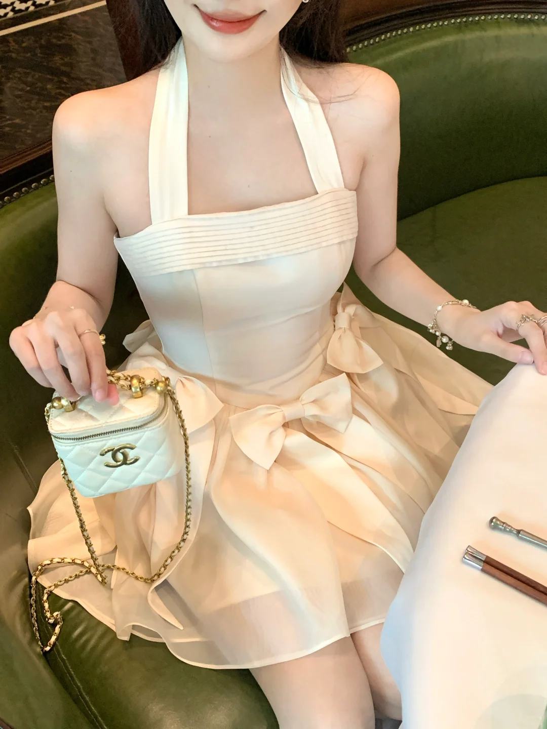 Cute A Line Halter Light Champagne Satin Short Homecoming Dress with Bow DP2698