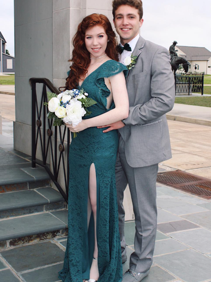 Sexy Sheath V Neck Emerald Lace Slit Prom Dress Evening Dress DP8074