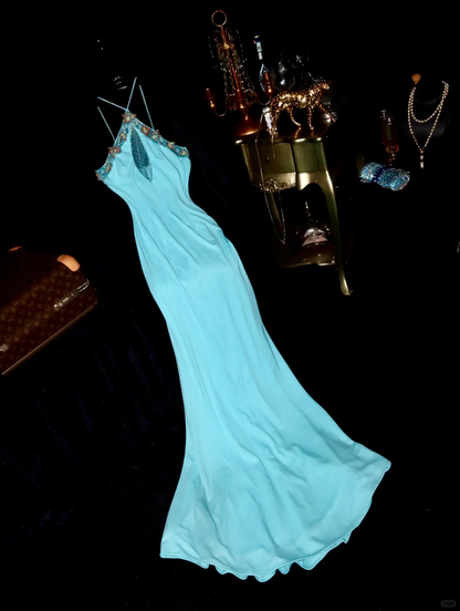Vintage Mermaid Halter Beaded Blue Satin Long Prom Dress DP4421
