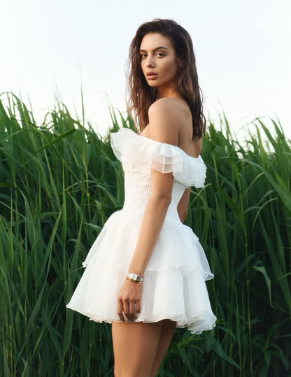 Flowy White Layered Chiffon A Line Off the Shoulder Short Homecoming Dress Outfits DP6014
