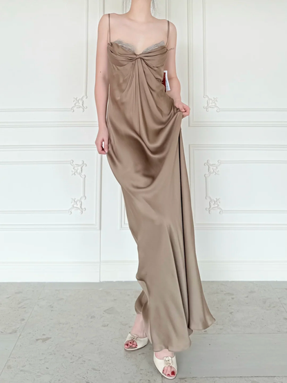 Simple Sheath Spaghetti Strap Brown Satin Long Prom Dress Evening Dress DP6447