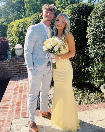 Simple Mermaid V Neck Yellow Satin Open Back Long Prom Dress Evening Dress DP1552